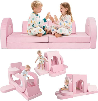 12 Pcs Modular Kids Play Couch, Toddler Couches That Fold Out, Plush Foam Chair for Children’s Playroom, Velvet Fabric Convertible Foam and Floor Cushion for Boys and Girls (Pink,07)