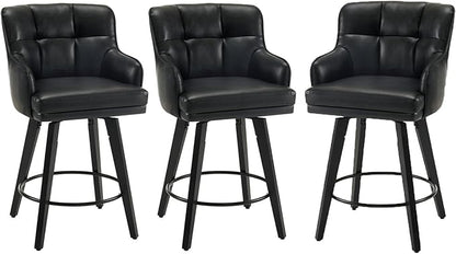 360°Swivel Counter Height Bar Stools with Back, 26 inch Solid Wood Legs, Bar Stool Modern Kitchen Island Chairs, Faux Leather (Black- Faux Leather, 26" H- Set of 3)