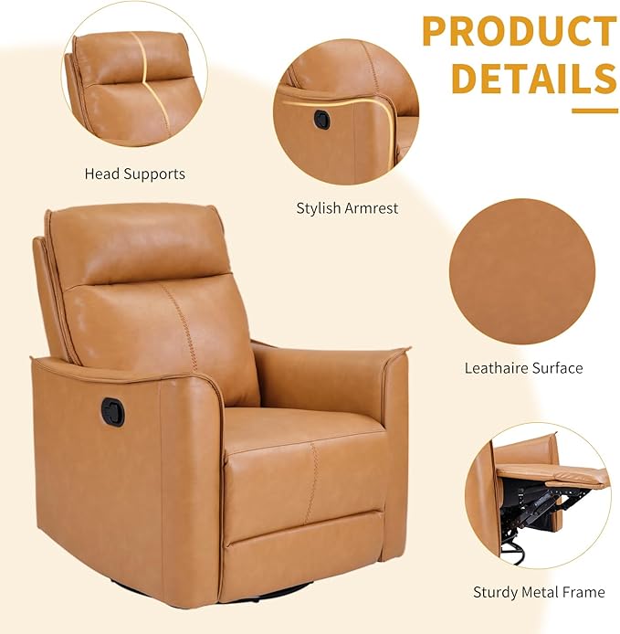 Swivel Rocker Recliner, Glider Rocking Chair, Nursing Chairs Swivel Glider Recliners with Soft Backrest, Leathaire Manual Reclining Sofa for Living Room Bedroom Apartment, Camel