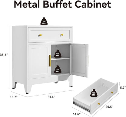 Small Metal Storage Cabinet with Drawer, 35.4" Freestanding Sideboard Cabinets with 2 Doors and Adjustable Shelf, Metal Accent Cabient for Home Office, Dining Room, Living Room, Bathroom, Entryway