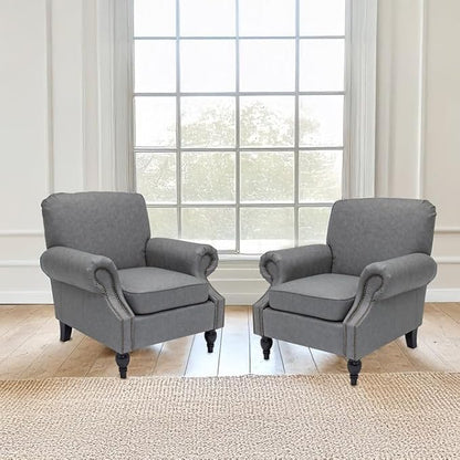 Accent Chair,22.4" Seat Depth Armchair with Roll Arms,36.6W*34.3D*34.6H Living Room Chair,Wood Legs,Set of 2,Faux Leather in Gray