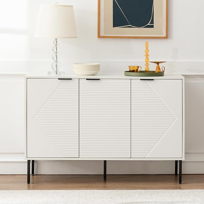 Kitchen Buffet Storage Cabinet, Modern 3 Door Coffee Bar with Shelves, Wooden Fluted Entryway Cabinet for Dinning Room, Living Room (1, Embossed White)
