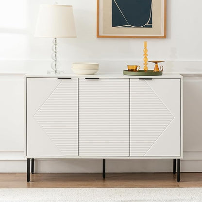 Kitchen Buffet Storage Cabinet, Modern 3 Door Coffee Bar with Shelves, Wooden Fluted Entryway Cabinet for Dinning Room, Living Room (1, Embossed White)