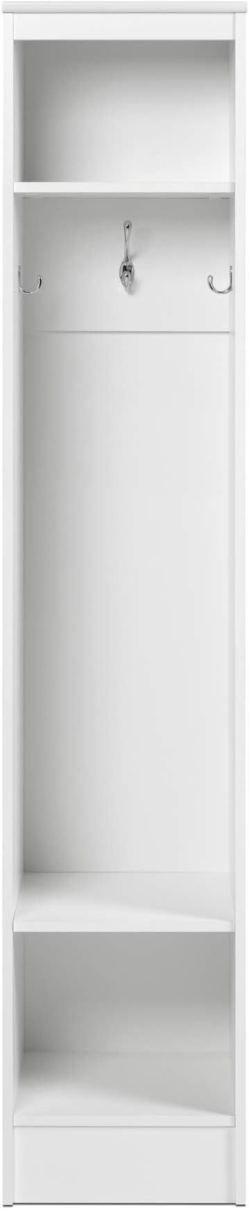 Prepac Narrow Coat Rack Freestanding Hall Tree with 3 Hooks, Entryway Furniture for Coat and Shoe Storage, Entryway Organization with an Adjustable Shelf, 14.75"W x 72.5"H x 15.5"D, White