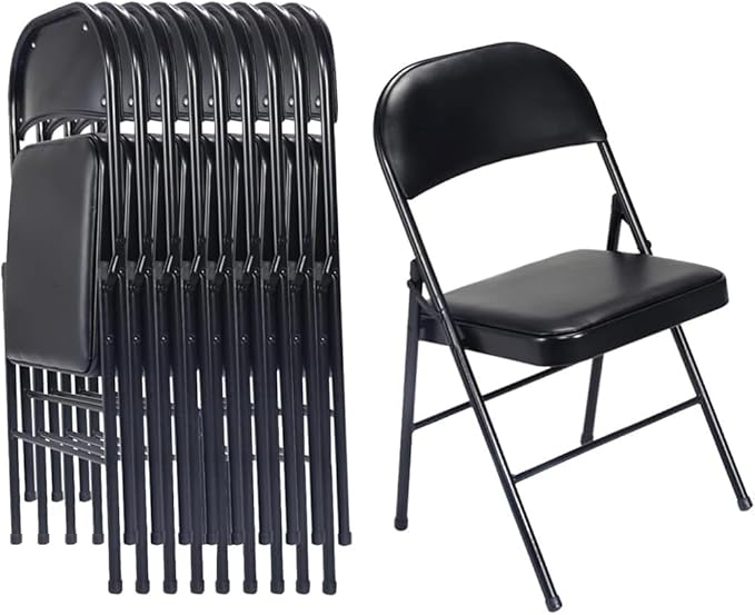 10 Pack Black Folding Chairs with Padded Seats, Portable Stackable Foldable Chairs for Indoor and Outdoor, Commercial Seat with Metal Frame for Events Office Wedding, 330lbs Capacity