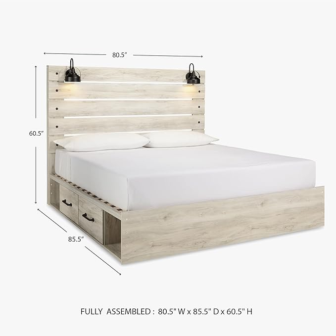 Signature Design by Ashley Cambeck Farmhouse King Panel Platform Bed with 4 Storage Drawers, Cubbies, Sconce Lights and USB Ports, Foundation or Box Spring Not Needed, Whitewash