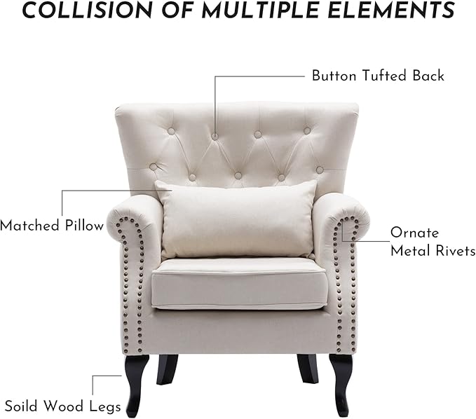 Accent Reading Arm Chairs for Living Room Bedroom, Midcentury Modern Comfy Corner Sofa Chair, Wingback Waiting Room Club Chair with Button Tufted Back &Lumbar Pillow, Linen Beige