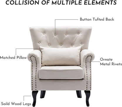 Accent Reading Arm Chairs for Living Room Bedroom, Midcentury Modern Comfy Corner Sofa Chair, Wingback Waiting Room Club Chair with Button Tufted Back &Lumbar Pillow, Linen Beige