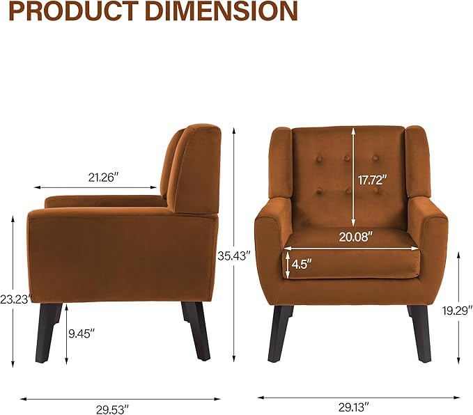 Lumibee Accent Chairs Set of 2, Velevet Fabric Armchairs for Living Room, Comfy Upholstered Arm Chairs Tufted for Indoor Bedroom Office Room (Orange Velvet)