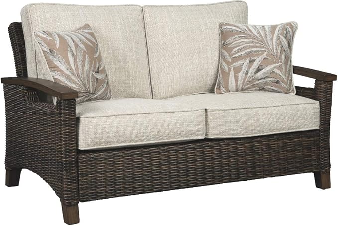 Signature Design by Ashley Paradise Trail Outdoor Loveseat with All Weather Cushions, Nuvella Weather Resistant Fabric, Medium Brown