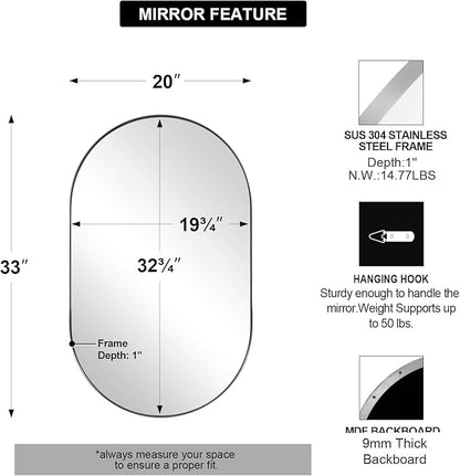 ANDY STAR Brushed Nickel Oval Bathroom Mirror, 20x33 inch Pill-Shaped Mirror for Wall HD Reflection Metal Frame Mirror for Bathroom Hang Vertical or Horizontal