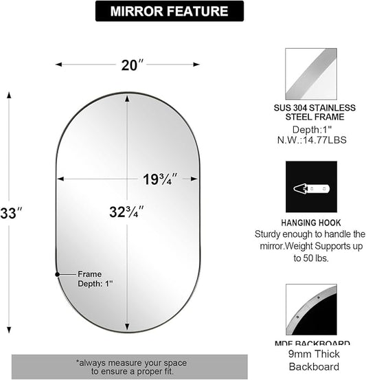 ANDY STAR Brushed Nickel Oval Bathroom Mirror, 20x33 inch Pill-Shaped Mirror for Wall HD Reflection Metal Frame Mirror for Bathroom Hang Vertical or Horizontal
