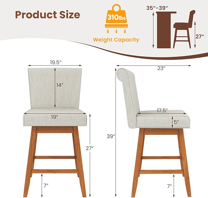 COSTWAY Swivel Bar Stools Set of 4, 27" Counter Height Bar Chairs with Rubber Wood Legs, Upholstered Linen Barstools with Back & Cushioned Seat, for Kitchen Island, Home, Beige