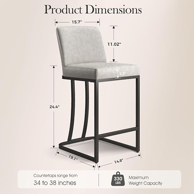 Sophia & William Light Grey Bar Stools Set of 3, Counter Height 24“ Bar Stools with Back for Kitchen Island, Modern Faux Leather Bar Chair