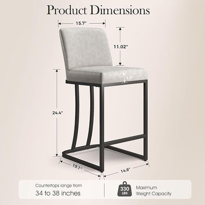 Sophia & William Light Grey Bar Stools Set of 3, Counter Height 24“ Bar Stools with Back for Kitchen Island, Modern Faux Leather Bar Chair