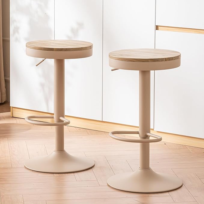 Kidol & Shellder Bar Stools Set of 4 Round Adjustable Swivel Barstools Modern Backless Bar Chairs Wooden Seat Counter Height Stools Armless for Kitchen Island, Cafe, Dining Room (Khaki)