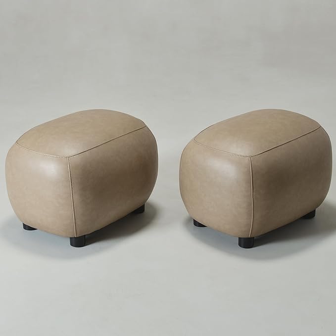 KINWELL 23" Wide Faux Leather Upholstered Ottoman Set of 2, Mid-Century Modern Living Room Footrest with Soft Padded Seat, Footstool for Bedroom, Entryway or Living Room, Khaki