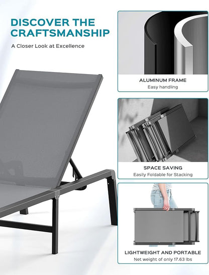 Ciokea Patio Chaise Lounge Chair, Foldable Lounge Chair for Outside, Aluminum Chairs Set of 2 with 5 Adjustable Backrest, Outdoor Pool Lounger for Poolside, Lawn, Deck, Grey
