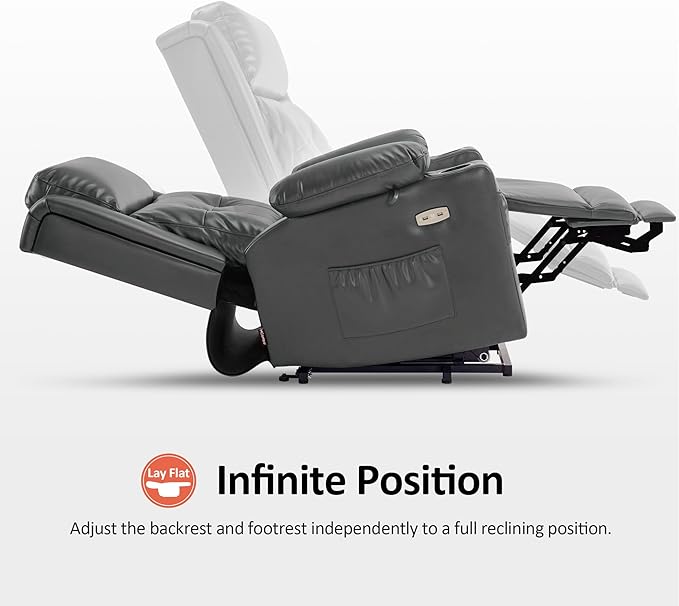 MCombo Large Triple Motor Power Lift Recliner Chair with Massage and Heat for Elderly People, Adjustable Headrest, Infinite Position, USB Ports, Faux Leather 7662 (Dark Grey, Large)