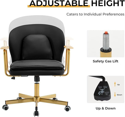 Furniliving Leather Office Chairs,Gold Office Chair, Adjustable Swivel Computer Chair with Golden Legs and Wooden Padded Armrest, Modern Upholstered Task Chair with Wheels,Black