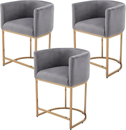Contemporary Grey Velvet Bar Stools Set of 3, 24" Upholstered Fabric Counter Height Barstools Kitchen Counter Island Stools with Screwed Together Golden Metal Base