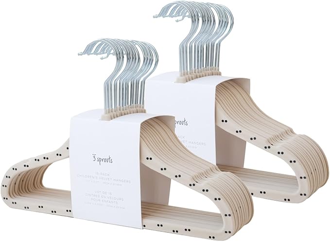 3 Sprouts Velvet Baby Hangers - Non-Slip Hanger for Infant, Toddler, Baby Clothes - Closet Kids Hangers with Slim Design, Nordic Colors, Pack of 30 - Double Dot & Beige
