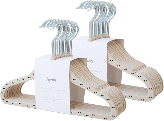 3 Sprouts Velvet Baby Hangers - Non-Slip Hanger for Infant, Toddler, Baby Clothes - Closet Kids Hangers with Slim Design, Nordic Colors, Pack of 30 - Double Dot & Beige