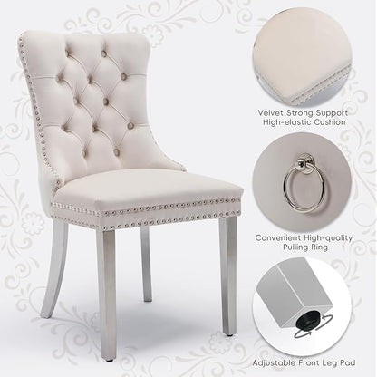 Velvet Upholstered Dining Chairs Set of 4, Modern Style Kitchen Side Chairs with Nailhead Trim and Silver Plated Leg, Metal Pulling Ring for Dining Room Living Room((Creamy White,Set of 4)