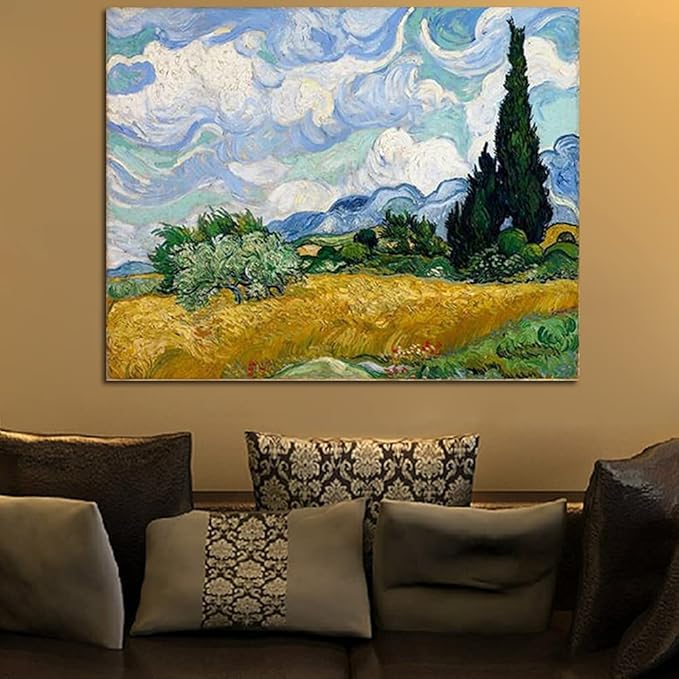 Wieco Art Wheat Field with Cypresses by Van Gogh Famous Oil Paintings Reproduction Extra Large Modern Gallery Wrapped Landscape Giclee Canvas Prints Artwork on Canvas Wall Art for Home Decorations