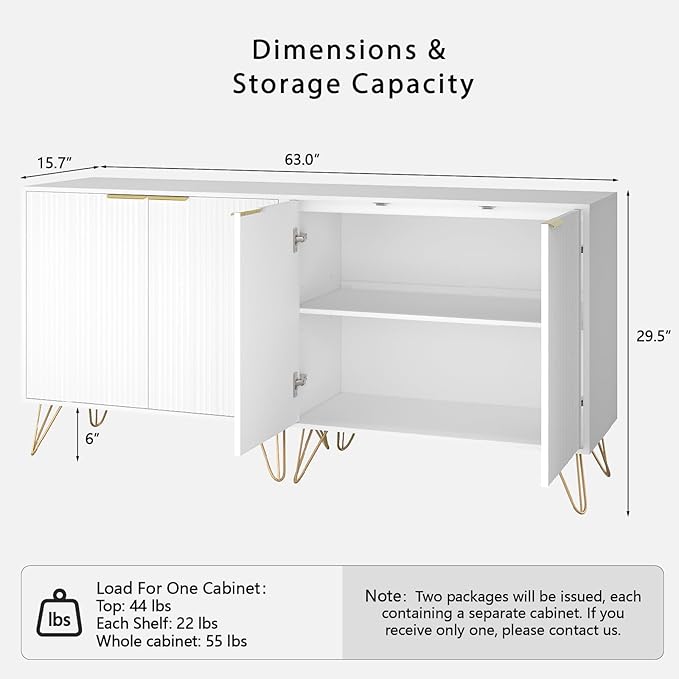 Fluted Storage Cabinet, Set of 2, Sideboard Buffet Cabinet, Modern Wood Accent Cabinet with Adjustable Shelves, Console Table for Living Room, Hallway, Entryway, White