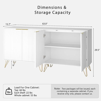 Fluted Storage Cabinet, Set of 2, Sideboard Buffet Cabinet, Modern Wood Accent Cabinet with Adjustable Shelves, Console Table for Living Room, Hallway, Entryway, White