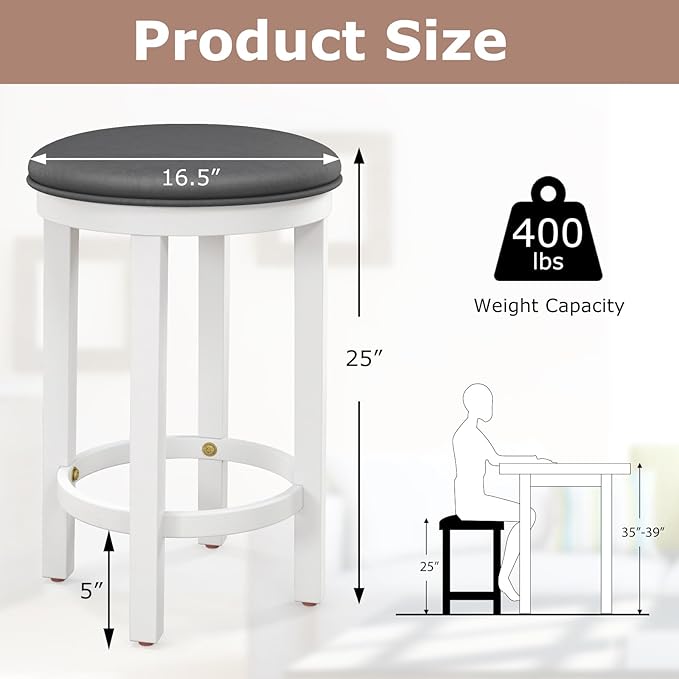COSTWAY Upholstered Bar Stools Set of 4, 25” Counter Height Bar Chairs with Padded Cushion & Wooden Frame, Faux Leather Backless Stools for Kitchen, Dining Room, Pub, White + Grey