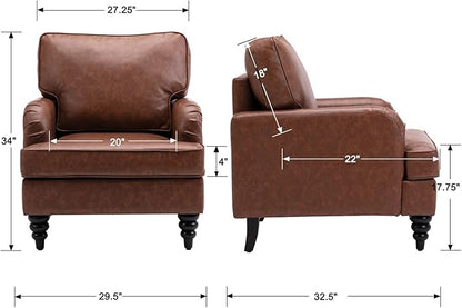 PU Leather Upholstered Accent Chairs Set of 2 Modern Single Sofa Chair with Thick Removable Back Cushion and Black Printed Legs Armchairs for Living Room/Bedroom/Reading Room, Brown