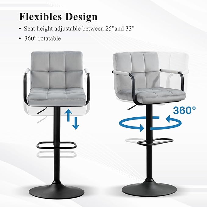 Furniliving Swivel Bar Stools Set of 4, Adjustable Kitchen Counter Height BarStools with Arms, Velvet Upholstered Bar Chair with Back and Footrest for Dining Room, Kitchen, Pub, Bar (Grey)