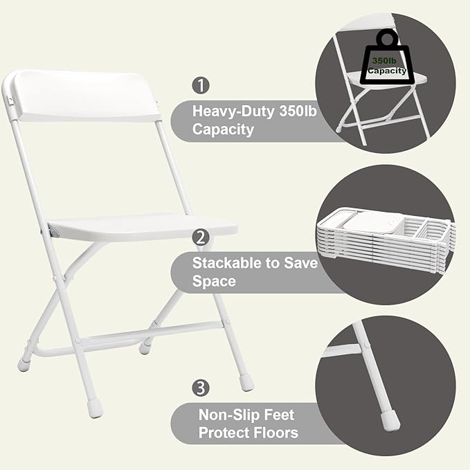 50 Pack Folding Chairs, Heavy Duty White Plastic Stackable Event Chairs for Indoor Outdoor, 350lb Capacity Portable Commercial Banquet Chairs for Wedding, Party, Office