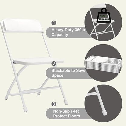 50 Pack Folding Chairs, Heavy Duty White Plastic Stackable Event Chairs for Indoor Outdoor, 350lb Capacity Portable Commercial Banquet Chairs for Wedding, Party, Office