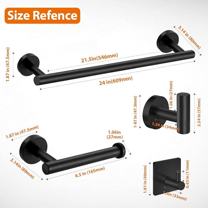 5-Pieces Matte Black Bathroom Hardware Set SUS304 Stainless Steel Round Wall Mounted - Includes 24" Hand Towel Bar, Toilet Paper Holder, 3 Robe Towel Hooks, Bathroom Accessories Kit