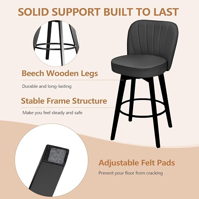 MINCETA Bar Stools Set of 4, PU Leather Barstools, 26 Inch Upholstered Counter Stools with Backrest and Footrest, Swivel Counter Height Barstools for Kitchen Island Home Bar Dark Gray