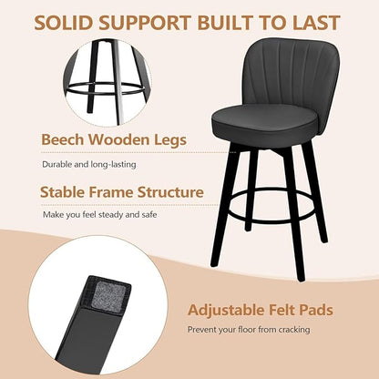MINCETA Bar Stools Set of 2, PU Leather Barstools, 26 Inch Upholstered Counter Stools with Backrest and Footrest, Swivel Counter Height Barstools for Kitchen Island Home Bar Dark Gray