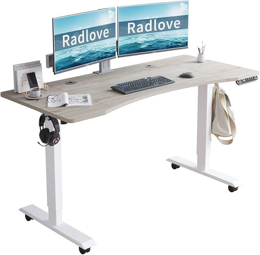 Radlove Electric Standing Desk, 55 x 30 Height Adjustable Computer Desk Sit Stand Desk Home Office Desks with Splice Board and A Under Desk Cable Management Tray (White Frame + Oak Top)