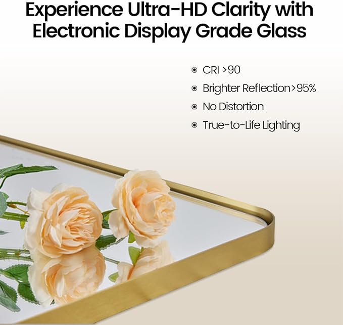 ANDY STAR 36”x48”Gold Bathroom Mirror for Wall, Brushed Brass Metal Rounded Corner Rectangle Mirror, Wall Mirror in Stainless Steel Metal Frame, 1”Deep Set Design Hangs Horizontal Or Vertical