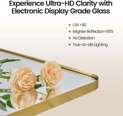 ANDY STAR 36”x48”Gold Bathroom Mirror for Wall, Brushed Brass Metal Rounded Corner Rectangle Mirror, Wall Mirror in Stainless Steel Metal Frame, 1”Deep Set Design Hangs Horizontal Or Vertical