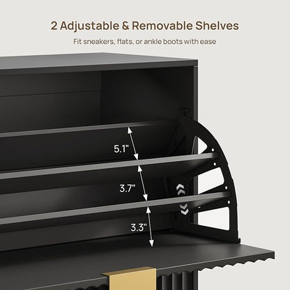 SICOTAS Fluted Shoe Cabinet Storage for Entryway with 6 Flip Drawers-11.8"Deep Frestanding Shoe Organizer Cabinet with 6-tier Shelves, Large 60 Pairs Shoes Rack Cabinet for Foyer Hallway, Black, 3PCS