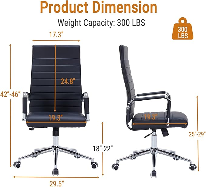 Sidanli Ergonomic Office Chair, Executive PU Leather Desk Chair with Adjustable Lumbar Support and Smooth-Rolling Wheels for Home Office Conference Room, High Back, Black