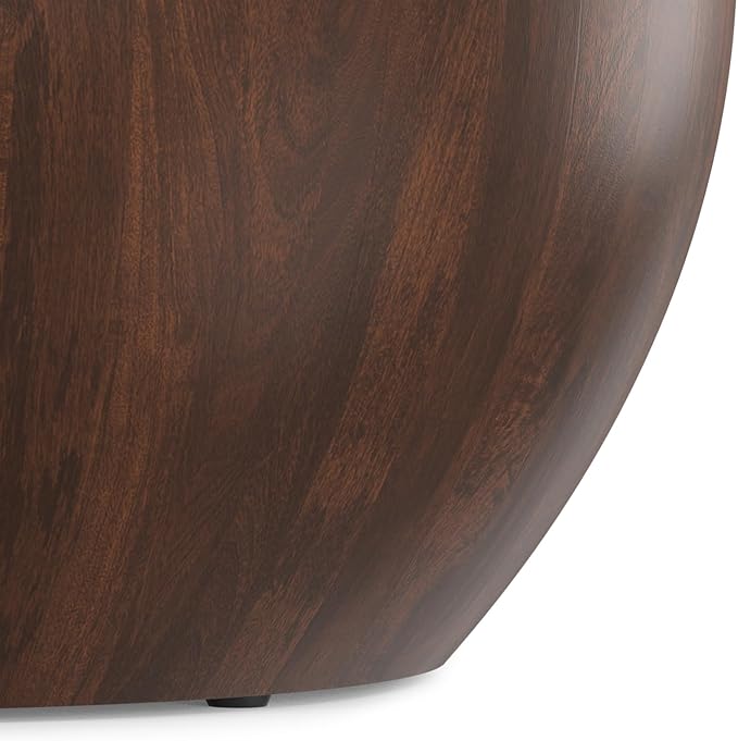 SIMPLIHOME Elmbrook Coffee Table - 34 inch Wide Solid Mango Wood Modern Industrial Round Drum Cocktail Table in Walnut Brown, Sculptural Living Room Table with Low Profile Design, Assembled