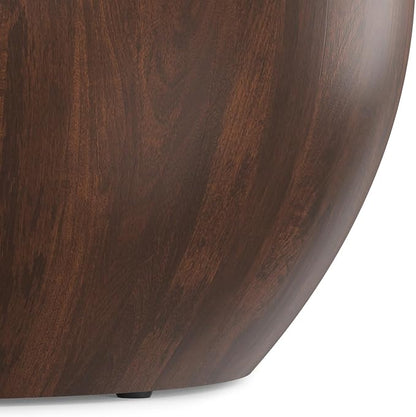 SIMPLIHOME Elmbrook Coffee Table - 34 inch Wide Solid Mango Wood Modern Industrial Round Drum Cocktail Table in Walnut Brown, Sculptural Living Room Table with Low Profile Design, Assembled