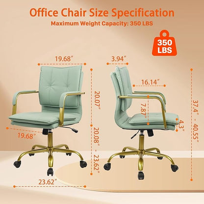 CLATINA Leather Home Office Desk Chairs, Swivel Mid-Back Computer Chair with Golden Legs and Arms, Comfy Upholstered Task Chair with Wheels, Green