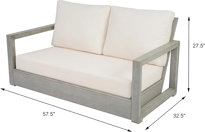 Christopher Knight Home Olaf 4 Pieces Outdoor Conversation Set, Acacia Wood Chat Set, Rectangular Coffee Table and Patio Loveseat with 2 Club Chairs, Patio Furniture Set with Cushion, Beige+Light Grey