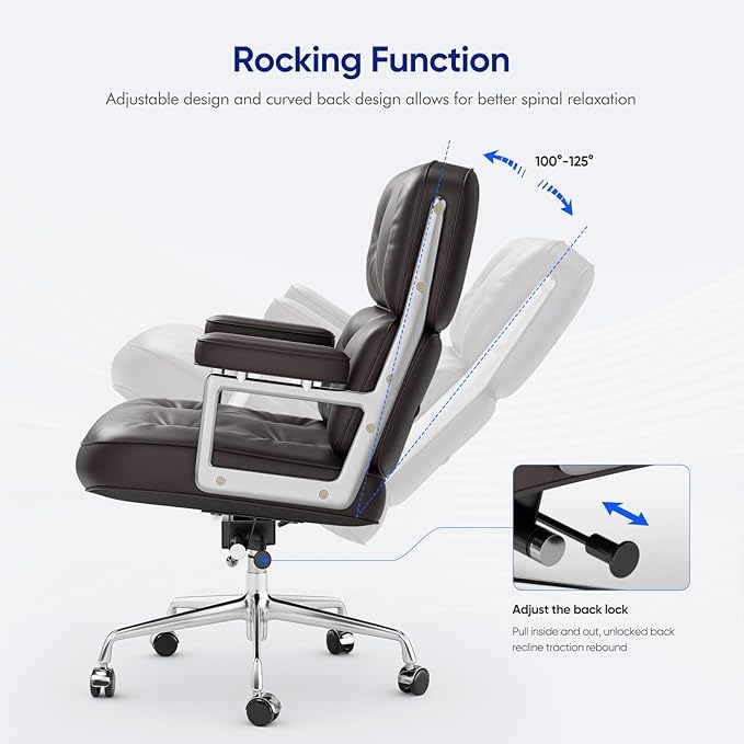 Genuine Leather Office Chair, Mid Back Executive Desk Chairs with Aluminum Arms and Wheels, Swivel Office Leather Chair with Thickened Backrest and Ergonomic Lumbar Support, Brown
