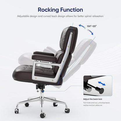 Genuine Leather Office Chair, Mid Back Executive Desk Chairs with Aluminum Arms and Wheels, Swivel Office Leather Chair with Thickened Backrest and Ergonomic Lumbar Support, Brown